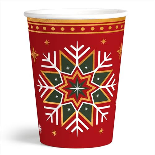 OH YEAH - Lot de 6 verres en carton de Noël d'hiver tricolore - 270 cc - Gobelet rouge - Flocon de neige - Noël - Vaisselle jetable - Table décorative - Design unique
