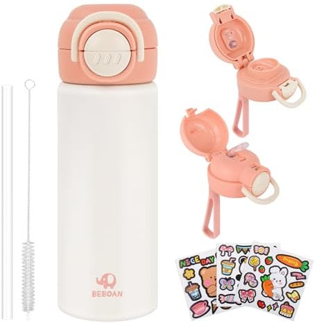 BEBOAN 550ml/18.6oz Kids Stainless Steel Insulated Water Bottle with Straw, Pink Metal Water Bottle for Kid, Double-Walled Thermal Bottle BPA-free, Flip up Child's Flask for Girls with 3 Cute Stickers