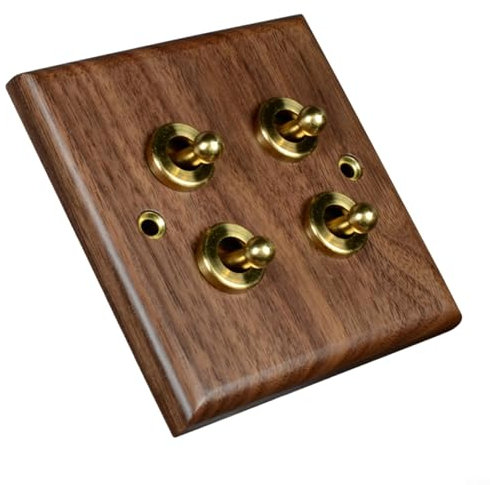 Gettimore Interrupteur à bascule rétro en bois de noyer - Levier en laiton - Plaque murale à bascule 1/2 voies - 86 x 86 mm (4 gangs)