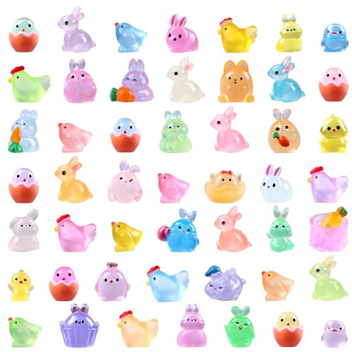 DTYDECLE 50 Stück Mini Leuchtende Figuren Osten, Osterhasen Figuren Hase Deko Harz Leuchten Miniatur Kaninchen für Ostern Party Geschenke Garten Deko
