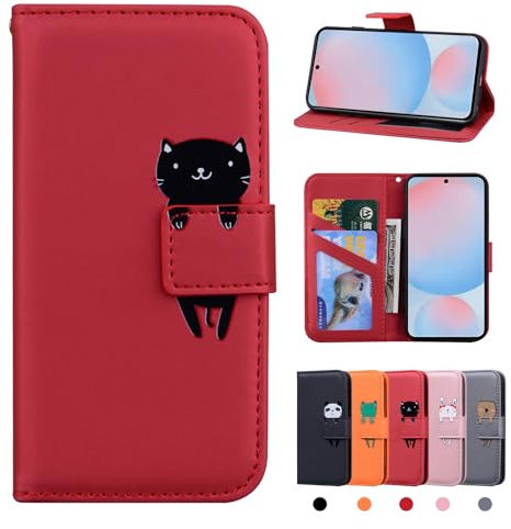 Rostsant Samsung Galaxy A56 5G Hülle PU Leder Brieftasche Galaxy A56 5G Schutzhülle Stehfunktion Magnetic Closure Handyhülle für Samsung Galaxy A56 5G Rote Katze