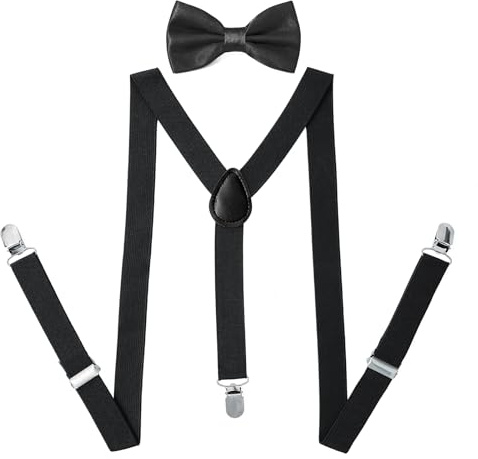 PONCEAU 2 Set Hosenträger und Fliege für Herren und Damen，2.5 cm breiter Hosenträger Herren in Y-Form Elastisch und Verstellbar mit Farblich Passender Fliege 12 x 7 cm