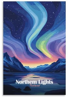 aaaaab Island Nordlichter Leinwandbild für rustikale Badezimmerdekoration, 30 x 45 cm, günstiger Leinwanddruck