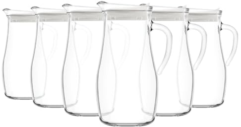 LAV 1.8L Misket Wasserkrüge aus Glas mit Silikondeckel - Klar/Weiß - 6X Groß Küche Saft Milch Eistee Getränke Kühlschrank Karaffe Spender Container Flasche