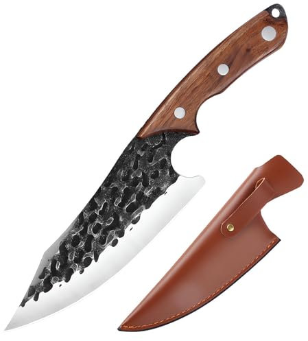 yekulanyue Handmade Forged Chef Knife, High Carbon Steel Kitchen Knive - Wood Handle with Thickened Leather Sheath Perfect for Home, Outdoor