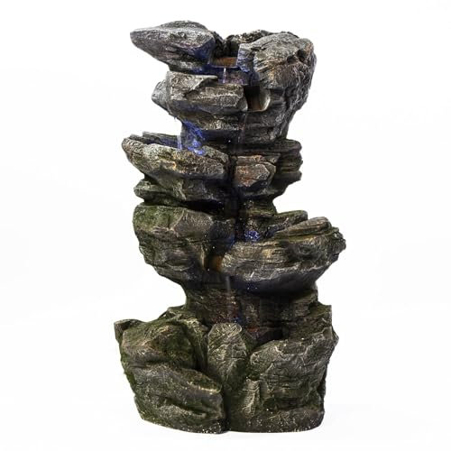 Serenity Cascading Rock Waterfall Water Feature with LED Lights 82cm Self-Contained Tiered Garden Fountain Indoor Outdoor Polyresin Natural Stone Look