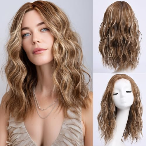 YaissmyLu Mittellange Hellbraun Highlight Perücke für Frauen 45cm Perücke Schokobraun mit Platin Strähnen Mittelscheitel Gewllte Perücke Synthetische Haar Cosplay Täglichen Party Gebrauch