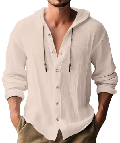 Generico Camicia 100% Lino Uomo, Camicia Lino Uomo Manica Lunga Estiva Shirt con Bottoni Elegante Coreana Casual da Spiaggia Tinta Cappuccio Magliette con Tasche 5XL