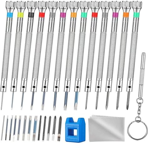 29 Pcs Precision Screwdriver Set for Watch Repair and Jewelry with 13Pcs Replacement Heads, 1Magnetizer, 1 demagnetiser, 1 Cleaning Cloth, 1 Eyeglass Opener