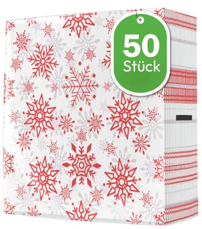 50 Stück große Servietten stoffähnlich festlich Weihnachten Elegante Schneeflocken rot silber als Tischdeko. Winter Geburtstag Weihnachtsfeier Silvester weiß 40x40cm