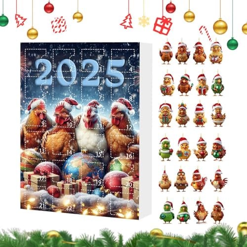 YNPQTDS Adventskalender mit Ornamenten, Anhänger Huhn aus Acryl, 2D, festlich, Countdown 24 Tage 2025, Weihnachtsbaum, Tür, Spiegel, Auto, Haus, Party, Tiere