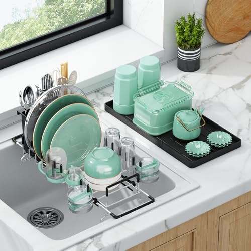 Aufworld Égouttoir de Sèche-Vaisselle Extensible en Acier Inoxydable 304, avec Plateau de Séchage en Silicone, Support Ustensiles et Adaptable aux Éviers de 35 à 48 cm (SS304 + Extensible)