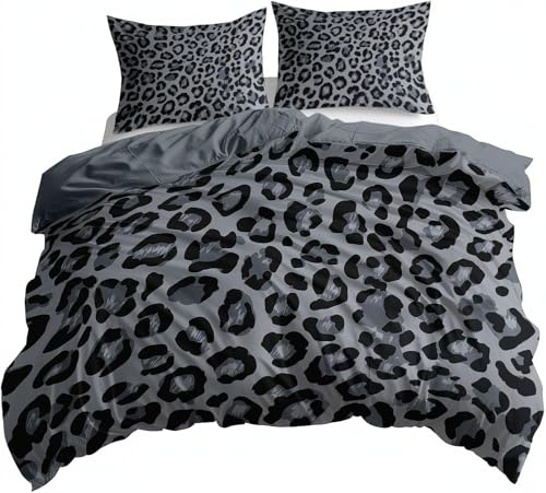 Bettwäsche 160x200 Leopardenmuster, Bettbezug 160x200 Grau Weich Mikrofaser Leopardenmuster Wendebettwäsche 3 Teilig - 1 x Bettbezüge und 2 x Kissenbezüge 80x80 cm aa923