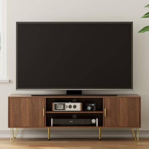 HEYZOEY Black Wood TV Stand for up to 65 Inch TV, 137cm TV Unit with 2 Cabinets and Open Shelves, Modern TV Console Table for Living Room（Walnut）