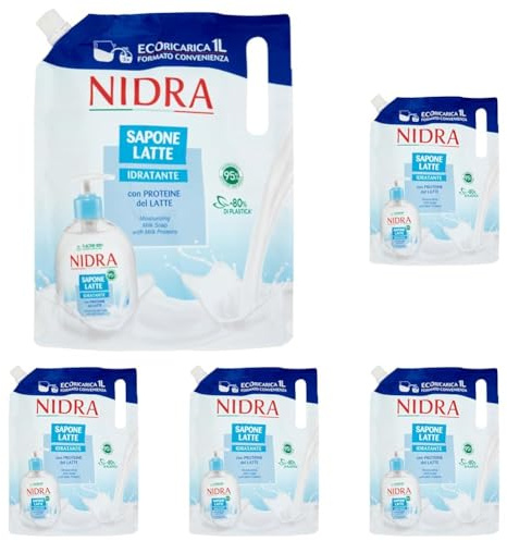 NIDRA | Eco-Nachfüllpack Feuchtigkeitsspendende Milchseife, mit Milcheiweiß, Sparformat, dermatologisch getestet, Made in Italy, 1000 ml (Packung mit 5)