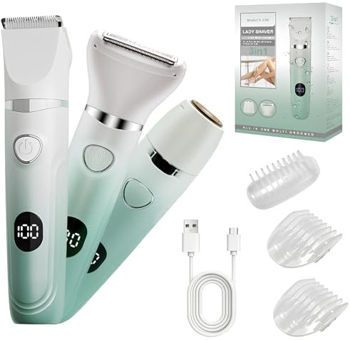 Rasoio Elettrico Donna, 3-in-1 Rasoio Parti Intime, Depilatore Corpo Donna per Viso, Ascelle, Gambe, Braccia e Zona Bikini, Utilizzabile a Secco e a Bagno con Schermo LCD