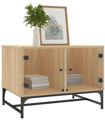 HOMELEN Couchtisch Beistelltisch mit Glastüren Stauraum - Holzwerkstoff Glas Sonoma-Eiche 68,5x50x50 cm - Moderner Wohnzimmertisch mit Fach für Bücher Deko Aufbewahrung,Tische & Kaffeetische