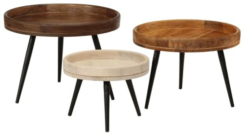 Zeehear Lot de 3 tables basses, rondes, en bois massif de mangue, avec pieds en acier, pour salon et chambre à coucher, tables de chevet de style industriel