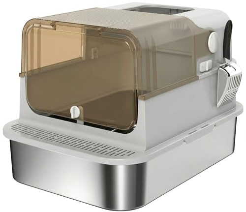 ZOOPARK Litière Fermée Chat XXL 70x50cm INOX Anti-Projection - Maison de Toilette Maine Coon Ragdoll, Bac Acier Inoxydable, Couvercle Transparent, Pelle INOX Incluse