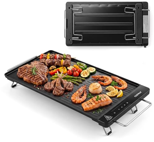 COSTWAY 1300W Piastra Elettrica con Temperatura Regolabile e Termostato | Barbecue Elettrico da Tavolo con Manici Retrattili, Gambe Pieghevoli, 60 x 28 x 7,5 cm