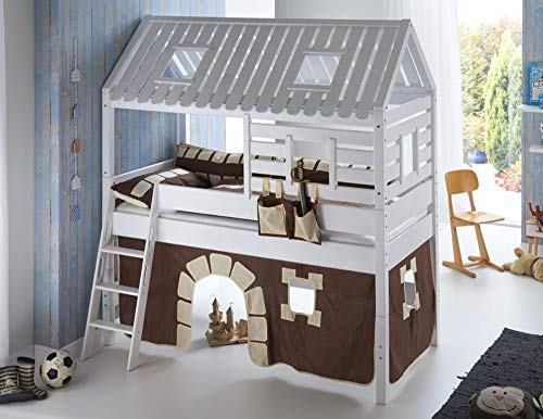 Froschkönig24 Hochbett Tom´s Hütte 2 Kinderbett Spielbett Bett Weiß Stoffset Burg