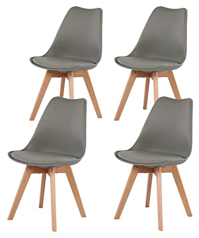 H.J WeDoo 4 x Wohnzimmerstuhl Esszimmerstuhl Bürostuhl mit Massivholz Buche Bein,Retro Design Gepolsterter Stuhl Küchenstuhl Holz, Grau