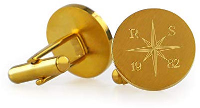 Gravado Runde Manschettenknöpfe aus Gold-Edelstahl mit Kompass Gravur und Personalisiert mit Initialen, Inkl. Geschenkbox, Herren Schmuck