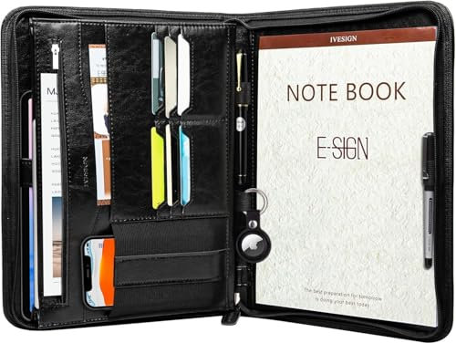 IVESIGN Portfolio-Mappe, PU-Leder, Aktentasche, professionelles Interview-Padfolio mit Reißverschluss, Schreibblock innen 10.1 Zoll, Tablet-Hülle, Business-Planer, für Männer und Frauen, schwarz