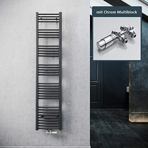 ELEGANT Badheizkörper Anthrazit 1800x400mm mit Chrom Multiblock Thermostat Handtuchheizkörper Handtuchtrockner Handtuchwärmer