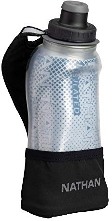 Nathan Running Handheld Quick Squeeze. No-Grip Adjustable Hand Strap. 12oz / 18oz / Insulated. Reflective Hydration Water Bottle. (12oz Insulated, Black)