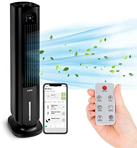 KLARSTEIN Polar Tower Smart Climatizador Evaporativo – 4 en 1: Ventilador, Humidificador & Purificador, Control App & Alexa, Depósito 7L, 3.306 m³/h, Modo Noche, Portátil con Ruedas, Negro