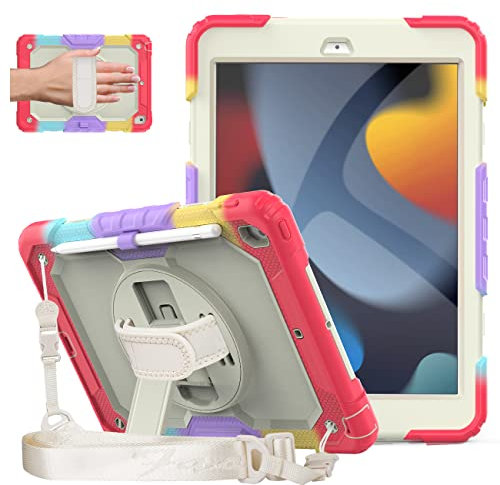 DUNNO iPad 9th/8th/7th Generation Case, iPad 10.2 Case with Screen Protector, Heavy Duty Protective Case with 360° Rotating Kickstand & Shoulder Strap for iPad 9/8/7th Gen 2021/2020/2019 (Rainbow/Red)