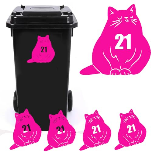 Pack of 3 Pet Cat Silhouette Personalised House Number Wheelie Bin Stickers - Recycling Box Number Stickers - Party Decorations - Bin Numbers For Wheelie Bins (Pink)