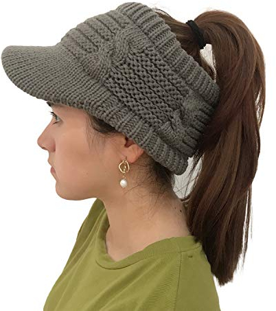 XYIYI Damen Winter Beanie Mütze Warme Visor Pferdeschwanz Hüte Strickmütze (Grau)