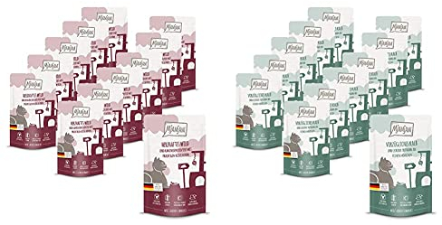 MjAMjAM - Premium Nassfutter für Katzen, herzhaftes Wild & Kaninchen an fruchtigen Heidelbeeren (12 x 125 g) & Premium Nassfutter für Katzen, Kalb & Truthahn an leckeren Möhrchen (12 x 125 g)