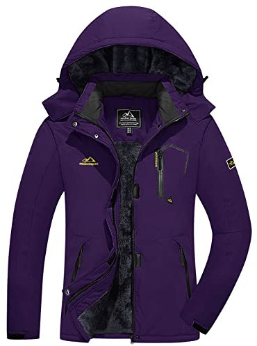 KEFITEVD Giacca invernale da donna con calda imbottitura, in pile, spessa giacca da sci con cappuccio rimovibile e tasche con cerniera, antivento, giacca da snowboard invernale, viola scuro, M