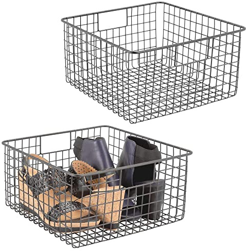 mDesign Allzweckkorb für das Schlafzimmer – flexibler Aufbewahrungskorb für Schränke, Kommoden und Regale – universell nutzbarer Drahtkorb mit Griffen – 2er-Set – grau