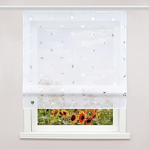 Delien Voile Raffrollo Transparente Rollos Küche Gardine Modern Raffgardine mit Schiene Kurz Vorhang »Herz« Bändchenrollo Schals für Fenster Gardinen mit Klettband BxH 140x140cm,Weiß