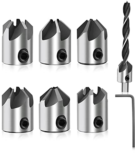 8 Stück Aufsteckversenker Set 7 Stück Aufsteckversenker und 1 Inbusschlüssel zum Holzbohren, Durchmesser 3-10mm/0.1-0.4 Zoll für Senker Bohrer, Zum Bohren von Löchern für Holz, Kunststoff, Weichmetall