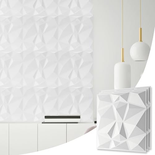 NOVECRAFTO Decorative PVC 3D Wall Panels - Diamond Design 10 Sheets Set Covering 2.5 sqm (26.91 sqft) - Each Tile Size 50x50 cm (19.6x19.6 in) Textured Paneling 3D Effect Decor Cladding Panel In White