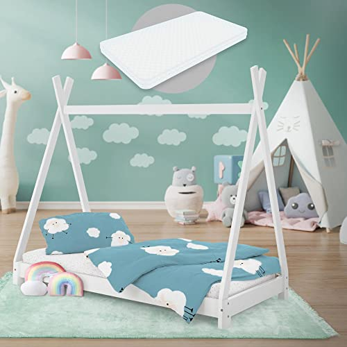 ML-Design Kinderbett Tipi 80x160 cm Weiß mit Matratze und Lattenrost, Indianer Bett aus Kiefernholz, Hausbett für Mädchen und Jungen, Bodenbett Kinderhaus Jugendbett Holzbett Bettenhaus Spielbett Zelt
