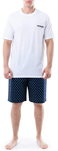 Wrangler Herren Schlafanzug, Jersey-Oberteil und Mikro-Sanded Baumwolle Shorts Pyjamaset, Weiß/Marineblauer Kaktus, XX-Large