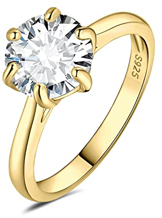 JewelryPalace 3ct Classique Cubic Zirconia Bague Taille Rond Solitaire Pierre Argent Massif 925 Femme, Plaqué Or Jaune Bague Diamant Simulé Fiançailles Mariage Promise Alliance, Ensemble Bijoux Mariee
