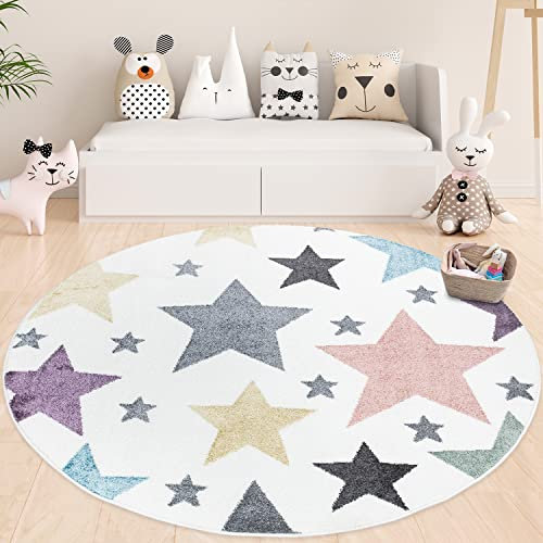 payé Teppich Kinderzimmer Rund - Cream Bunt - 120x120cm - Sterne Sternenteppich in Pastellfarben Spielteppich Kinderteppich Kurzflor Weich