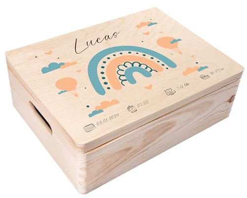 Creative Deco Erinnerungsbox Baby Personalisierte mit Namen - Elefant | Individuelle Erinnerungskiste Geschenk zur Geburt für Mädchen und Jungen | Holzkiste mit Deckel | Farbdruck