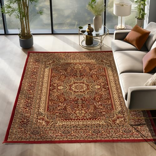 SIMPEX Orientalischer Teppich Wohnzimmer, Schlafzimmer, Esszimmer, Läufer, Flur Boho Teppich Kurzflor Weich 12 mm Carpet Orient, Rot, 300 x 400 cm