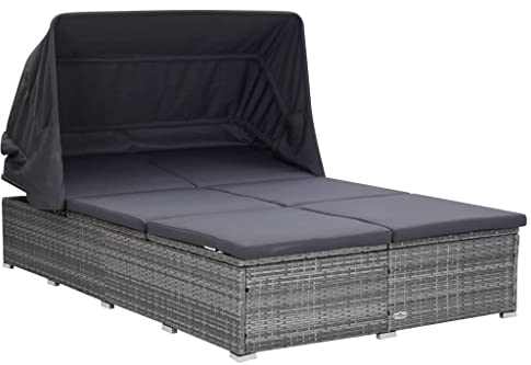 KOIECETA Sonnenliege 2-Personen mit Auflage Klappdach Gartenliege Doppelliege Relaxliege Gartenmöbel Liege Strandliege Poly Rattan Grau