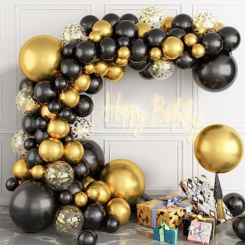 Silvester Luftballons Schwarz Gold, Luftballon Girlande-Luftballons Gold, Schwarz und Konfetti Gold, Ballon Girlande für Silvester Deko 2024, Neujahr Deko,Geburtstagsdeko, Achelorette Party, Hochzeit.
