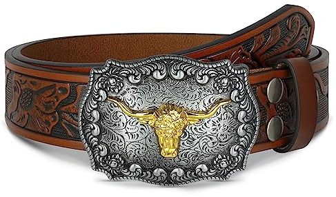 SUOSDEY Western Gürtel Cowboy Retro Traditioneller Ledergürtel Abnehmbare Schnalle Klassischer Geprägter Gürtel für Jeans Hosen
