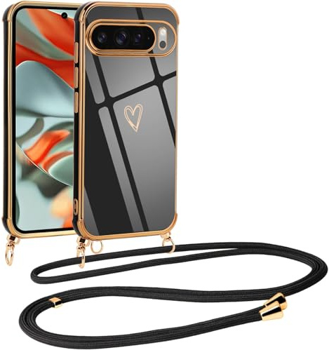Vauki handyband für Google Pixel 7a Hülle mit Band, Handyhülle mit Kette, Herz Motiv, Ultra Dünn Stoßfeste Aesthetic Case mit Kordel zum Umhängen für Pixel 7a 6.1, Schwarz